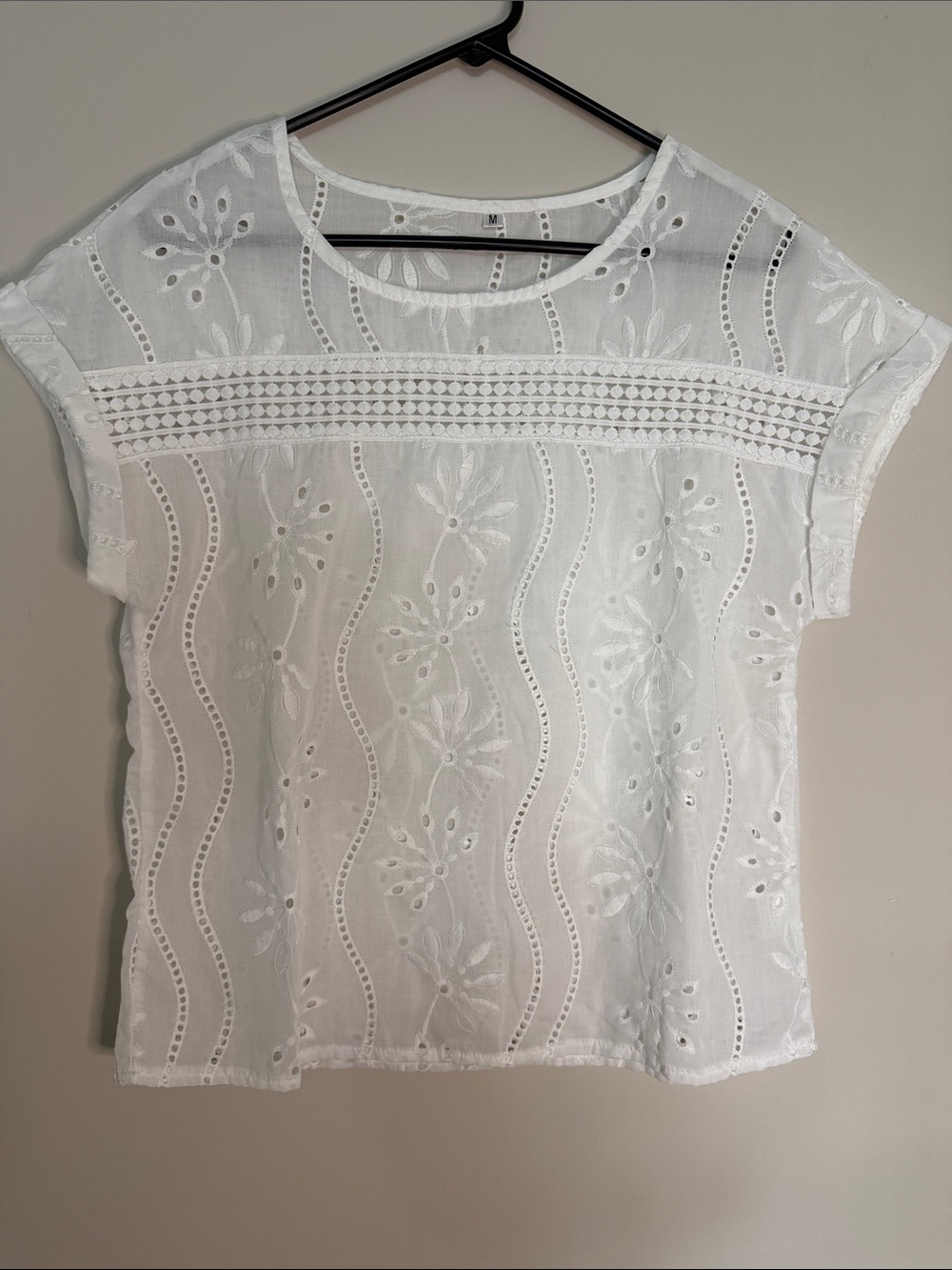 White Eyelet Cotton Blend Short Sleeve Top